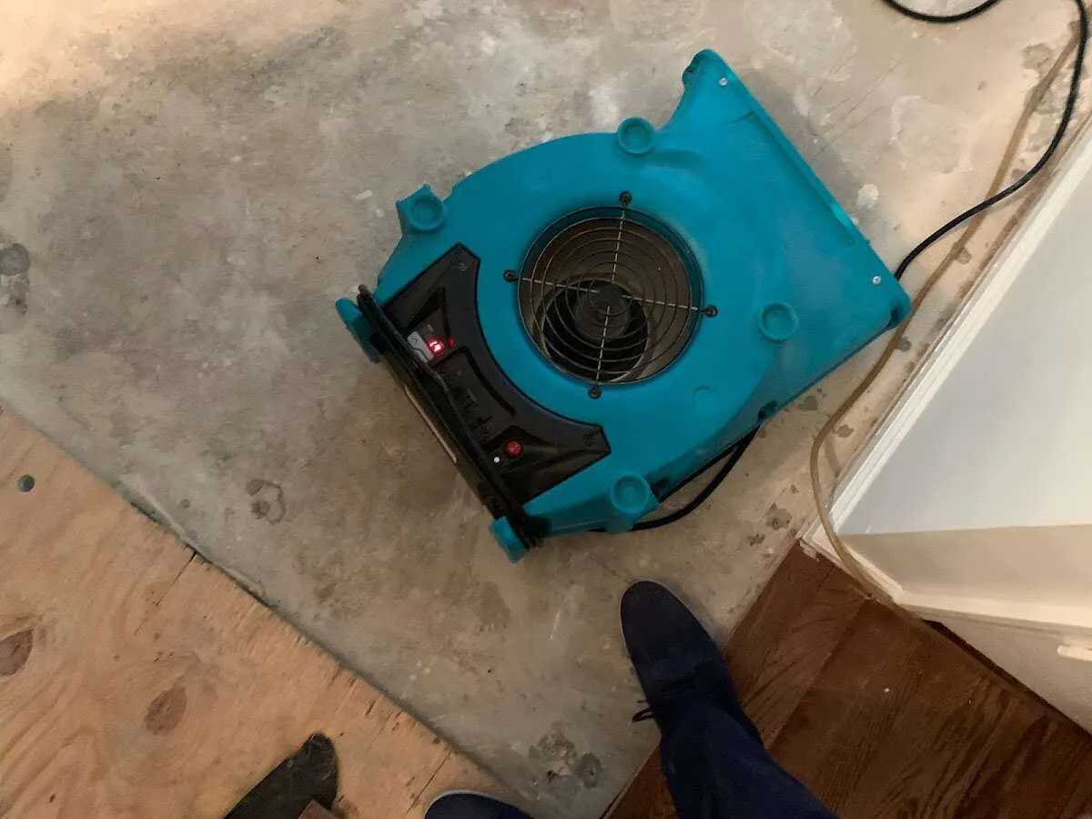 Air mover drying subfloor during Commercial Water Damage Restoration in Ruston
